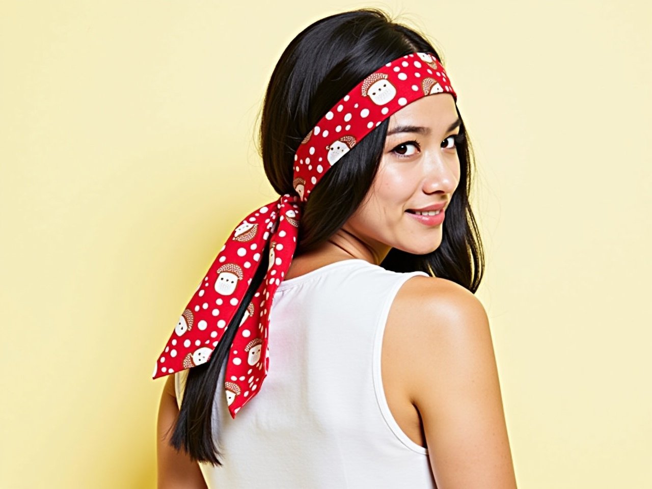 A female model is wearing a cute bandana that features a pattern of red mushrooms with white dots, accented by brown caps. The bandana is tied at the back, with the fabric slightly draping to add a stylish touch. The model has straight black hair peeking out from underneath the bandana, styled softly to frame her face. The setting is bright and cheerful, highlighting the vibrant colors of the bandana against the model's natural beauty. The overall look is playful and fashionable, perfect for a casual day out.