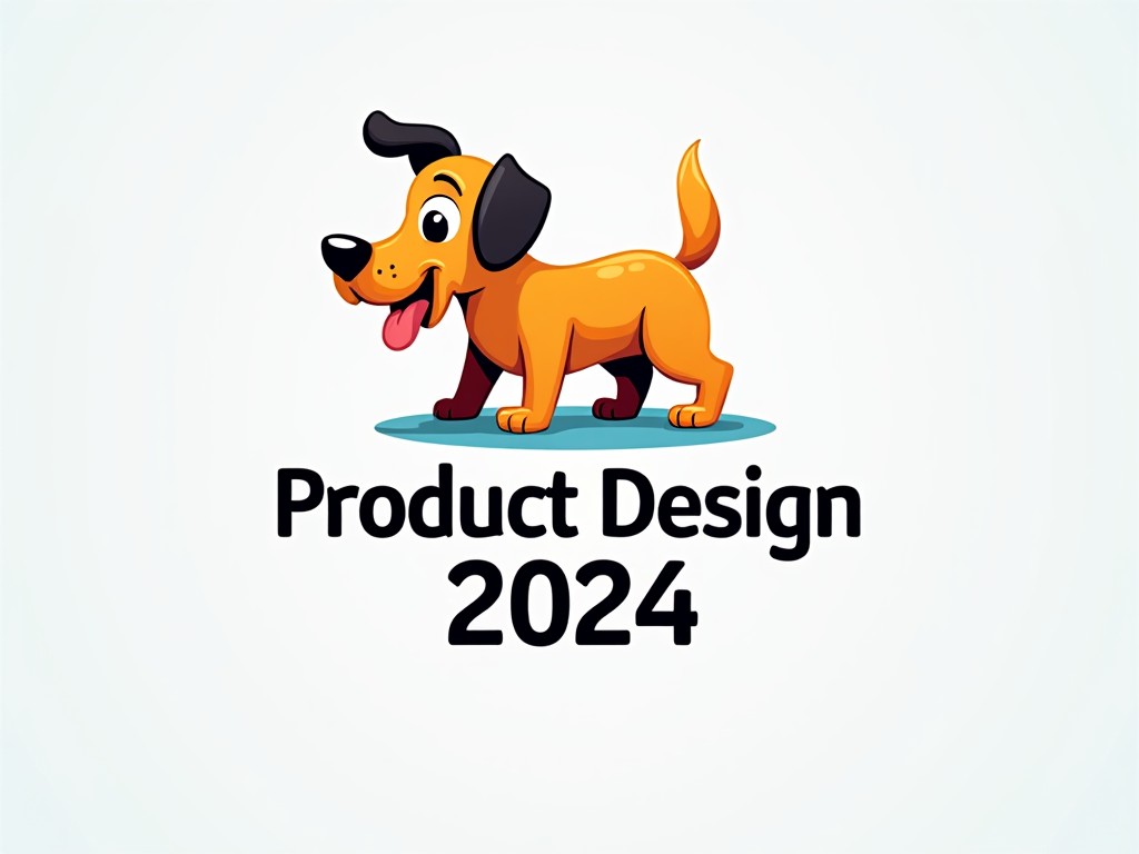 The image features a cartoon dog in an animated style, which has a bright yellow coat and a playful expression. Below the dog, the text reads 'Product Design 2024' in a bold, modern font. The background is a light color, enhancing the visibility of the dog and text. This design suggests a playful and creative approach to product design for the year 2024. It's ideal for marketing, branding, or discussion topics in product design.