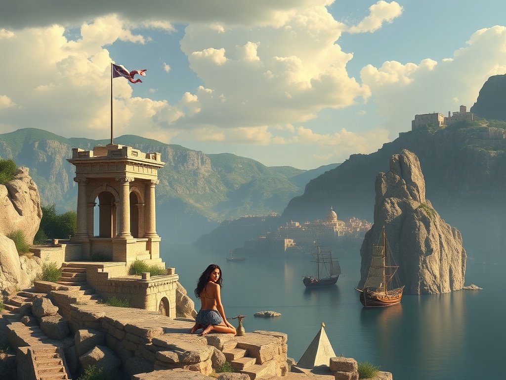 This captivating image portrays a serene coastal landscape, blending historical architecture with natural beauty. A woman sits contemplatively on ancient stone steps leading up to a small, elegant building adorned with a waving flag. In the background, a tranquil bay with sailboats is enveloped by towering, lush mountains under a sky filled with scattered clouds, evoking a sense of timelessness and peace.