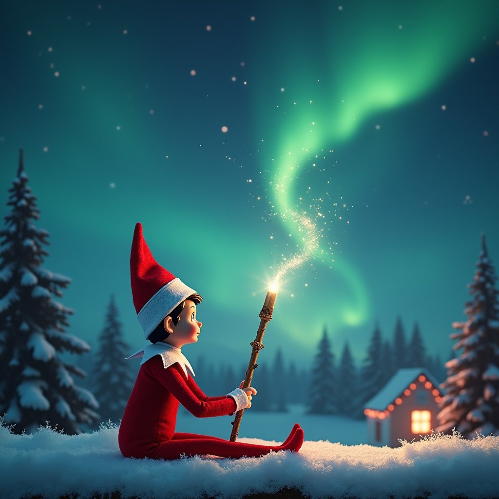 An elf on the shelf, sitting with his back to the audience, gazing up at the night sky. He holds a magical wand, which creates sparkles as he writes 'Zadie' in the air. The backdrop features a breathtaking winter scene with snow-covered trees and a cozy cabin. Above him, the northern lights dance in vibrant colors, enhancing the magical atmosphere. Santa's silhouette can be faintly seen among the stars, adding to the holiday charm. The entire image radiates joy and wonder, perfect for the festive season.