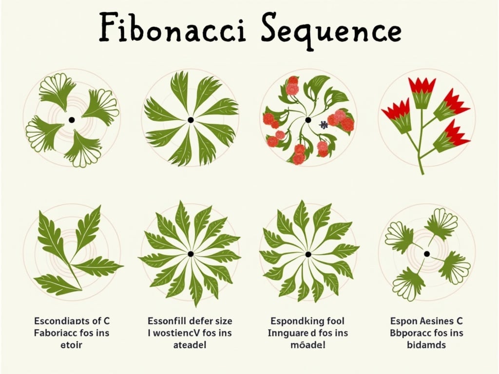 The Fibonacci sequence illustrated through a series of botanical designs. Each graphic depicts a unique arrangement of leaves and flowers that follow the mathematical sequence. The visuals showcase the beauty of nature as it relates to mathematics. Designed for educational purposes, these illustrations clearly represent how the Fibonacci pattern appears in various plant forms. It's a blend of art and science, making the concept accessible for all audiences.