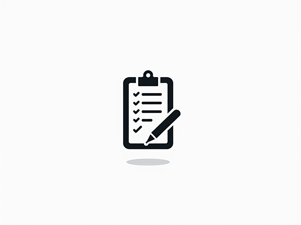 A minimalistic black and white icon showing a checklist with a pen, suitable for apps or websites focused on task management or productivity.