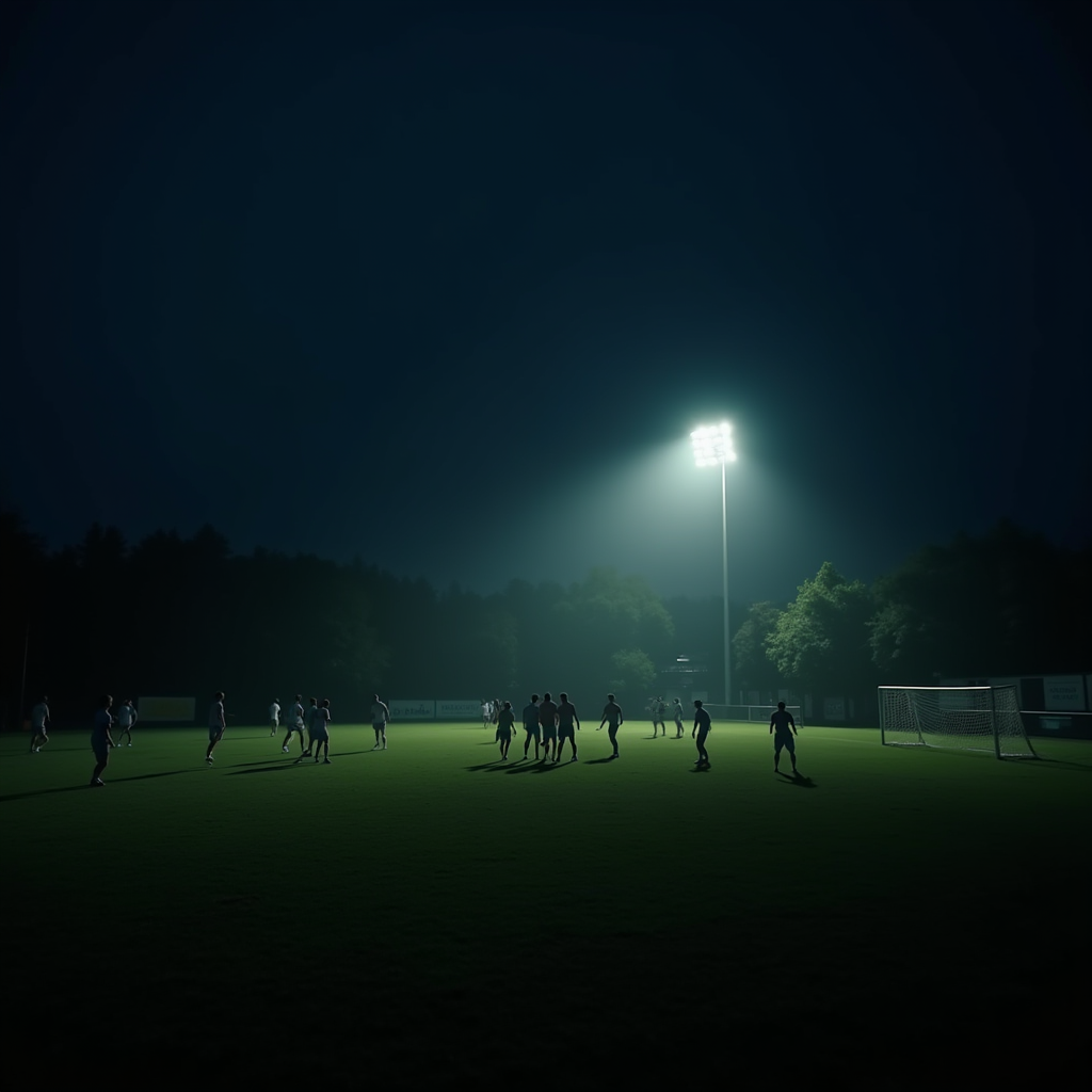 Silhouetted players on a soccer field under the glow of bright stadium lights.