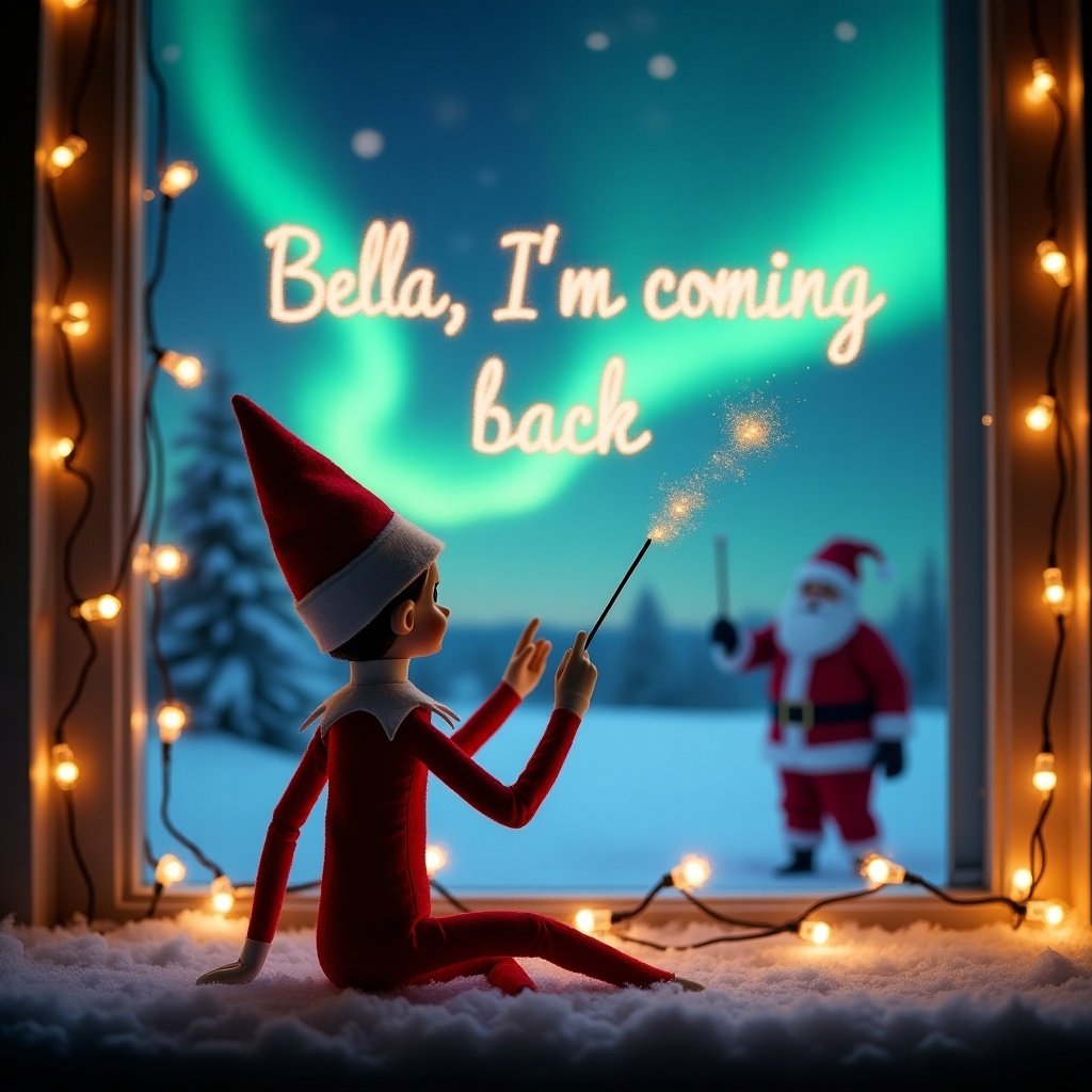 This image showcases an elf on the shelf positioned with its back to the viewer. The elf, dressed in a traditional red outfit, is facing up towards a beautiful dark sky filled with vibrant northern lights. With a magic wand in hand, it is elegantly writing the names 'Bella I'm coming back' in sparkling letters against the backdrop. The snowy ground adds a serene touch to the magical scene. The overall atmosphere is filled with wonder and holiday joy, perfect for capturing the essence of Christmas.