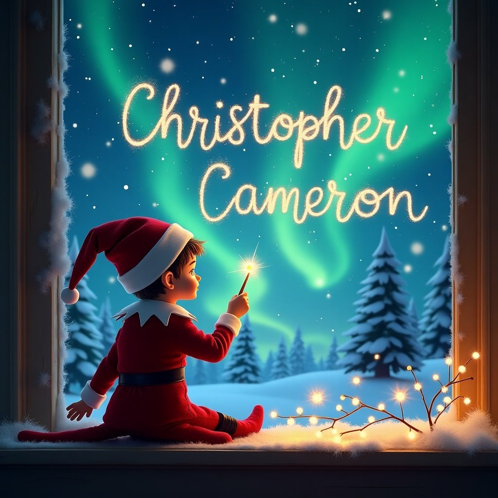 This image features a whimsical scene of an elf on the shelf with his back facing the viewer, gazing out into a magical winter sky. He is using a sparkling wand to elegantly write 'Christopher Cameron' in the starry sky, illuminated by the northern lights. The background showcases a snowy landscape with evergreen trees, giving a festive, cozy feel. It captures the essence of Christmas wonder and magic, truly enchanting for the holiday season. The elf is dressed in a classic red outfit, making the scene even more festive.