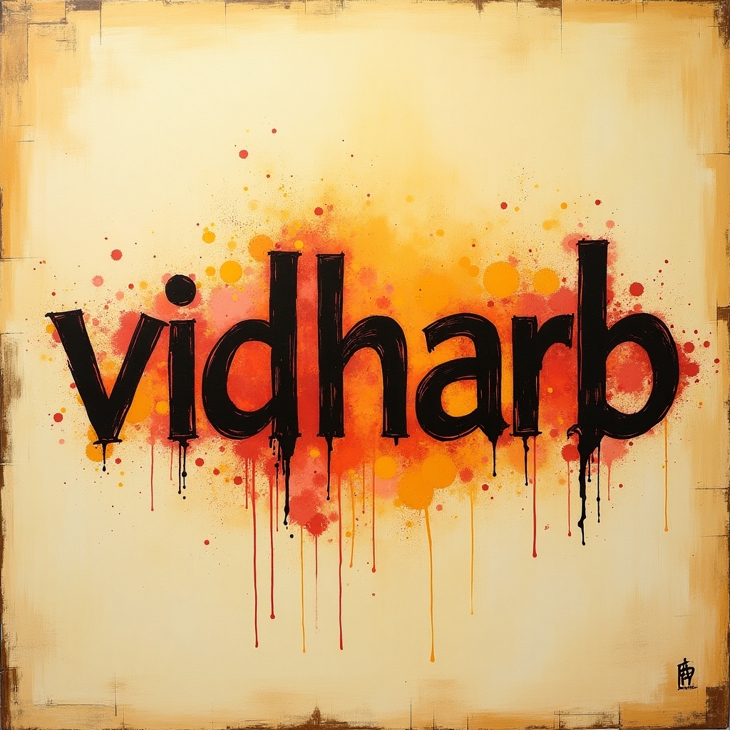 The image features the word 'vidharb' artistically rendered in a bold, graffiti-like style. A vibrant background bursts with splashes of orange and yellow, creating a lively contrast against the black text. The design cleverly incorporates Devanagari script, tinting it with intricate layering over the English version. This imaginative artwork showcases a blend of cultures and languages, emphasizing creativity. Ideal for art lovers, this piece could be a perfect fit for various applications and merchandise.