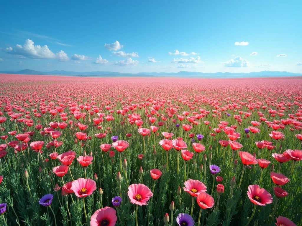 This image depicts a vast field of blooming poppies with vibrant red and pink flowers. In the foreground, various hues of purple flowers add a splash of color. The expansive field stretches towards the horizon, under a clear blue sky with some fluffy white clouds. A sense of tranquility and beauty pervades the scene, inviting viewers to immerse themselves in the serene environment. The lush green grass complements the colorful blossoms, creating a picturesque spring landscape.