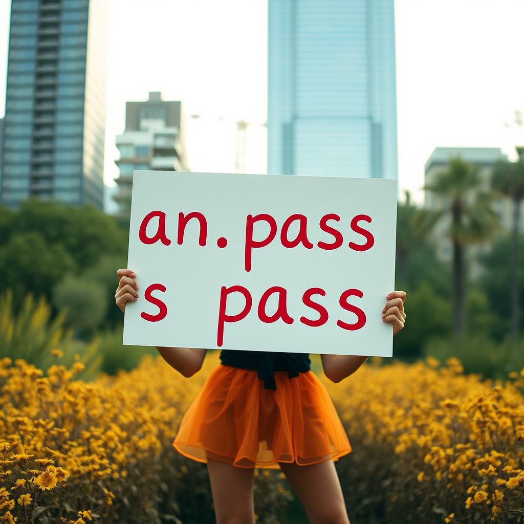 A person holding a sign with words that appear incomplete, standing in a park with yellow flowers and tall buildings in the background.