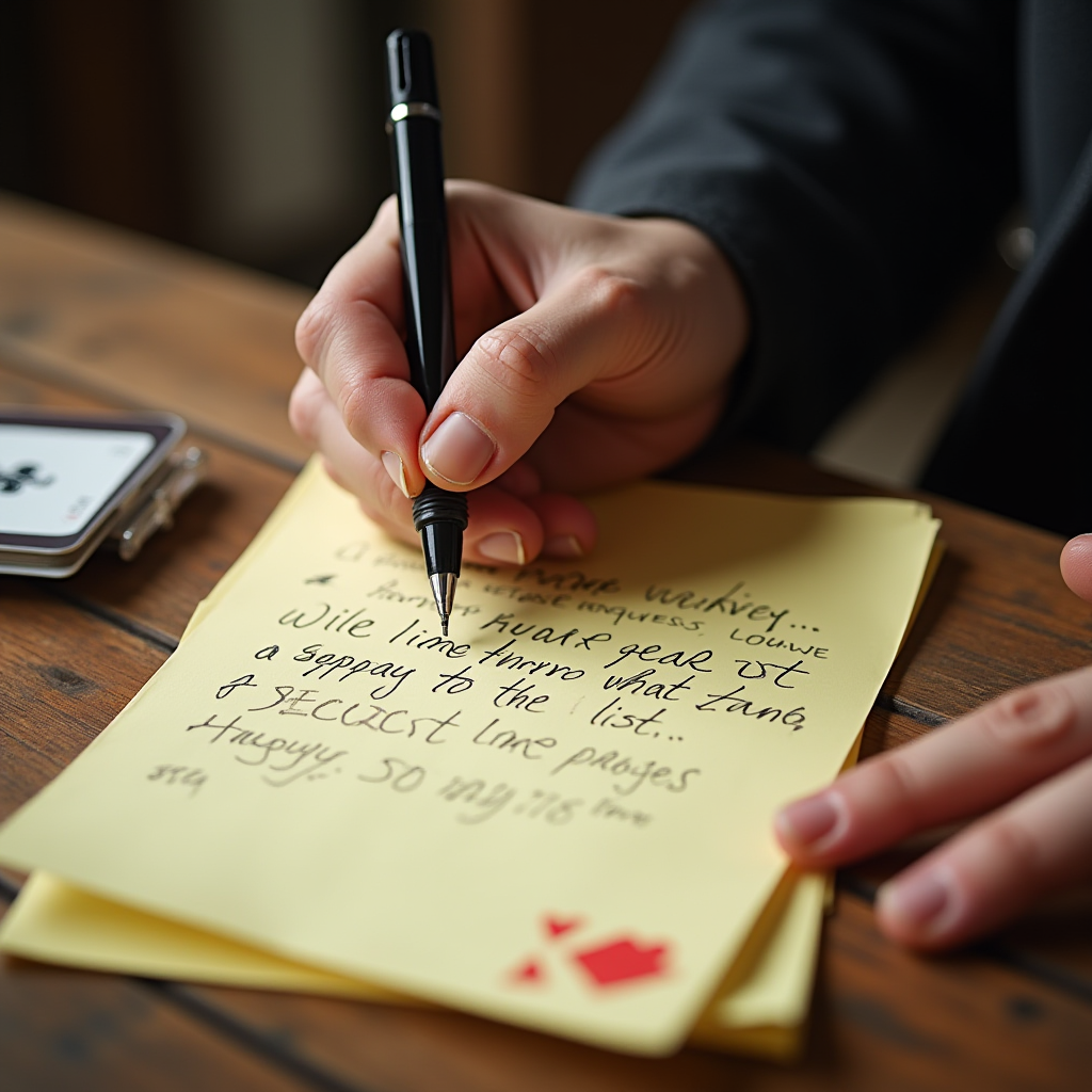 A person writing on yellow paper with a black pen on a wooden table.