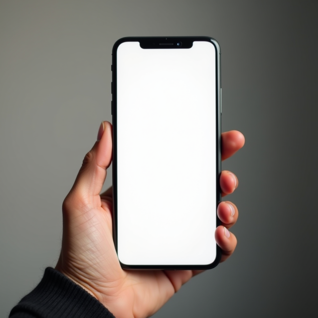 A hand holding a smartphone with a blank white screen against a neutral background.