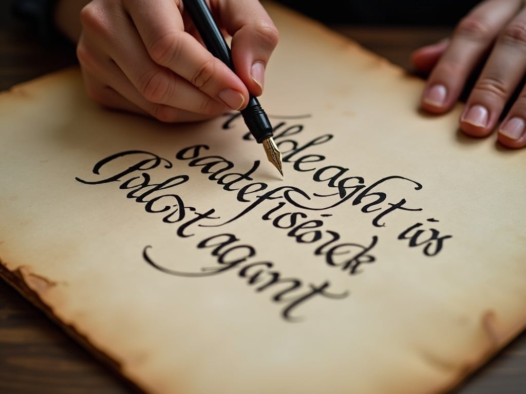 A close-up image of a hand gracefully writing calligraphy with a fountain pen on aged paper. The scene captures the intricate flow of the cursive letters and the careful movement of the pen. The paper has a vintage appearance, complete with soft, warm tones. The focus is on the delicate hand, showcasing the skill of the writer. The lighting is gentle, enhancing the elegance of the overall composition.