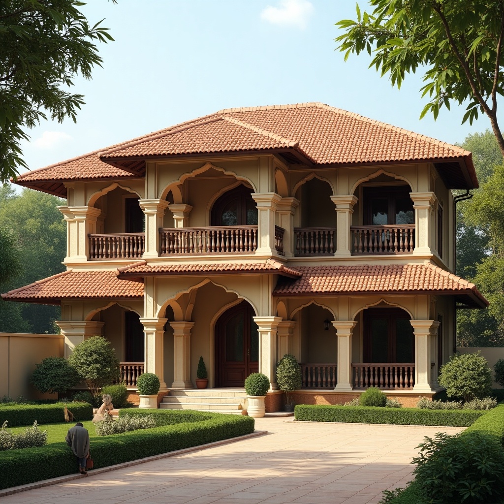 This image features a traditional Indian home showcasing elegant architecture. The house is two stories tall, with intricate arches and a distinctive terracotta roof. Surrounding the home is a well-manicured garden, enhancing its natural beauty. The use of cream and brown hues gives the structure a warm, inviting feel. Lush greenery frames the property, contributing to the serene atmosphere of the setting.