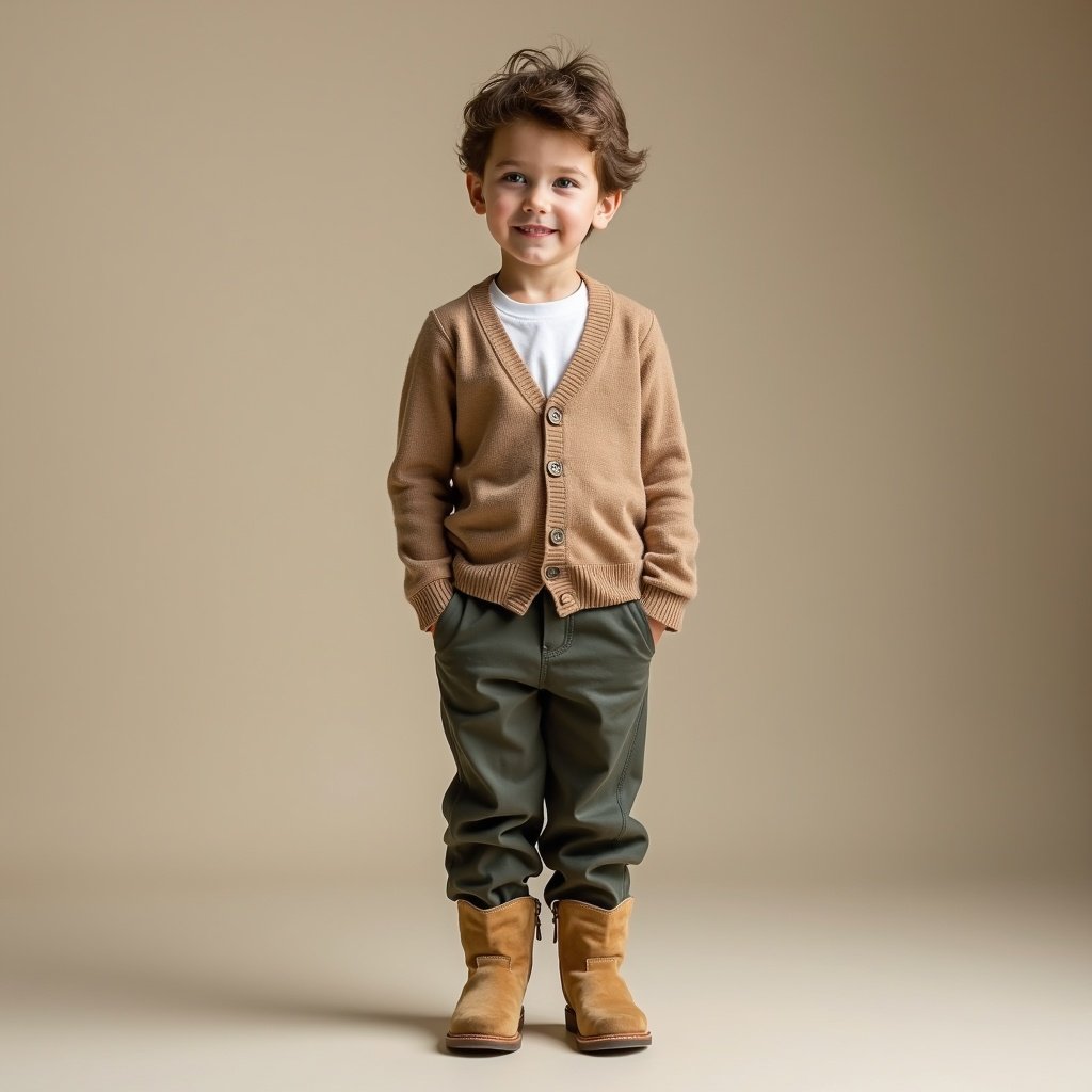 A seven years old kid is standing confidently in a fashionable outfit. He is wearing a cozy beige cardigan that complements his playful demeanor. Below, he has on stylish green golf pants that add a modern touch. His white T-shirt peeks through, enhancing the casual look. Completing his outfit are chic beige suede boots that elevate his style. The background is a soft, neutral color, focusing all attention on him.