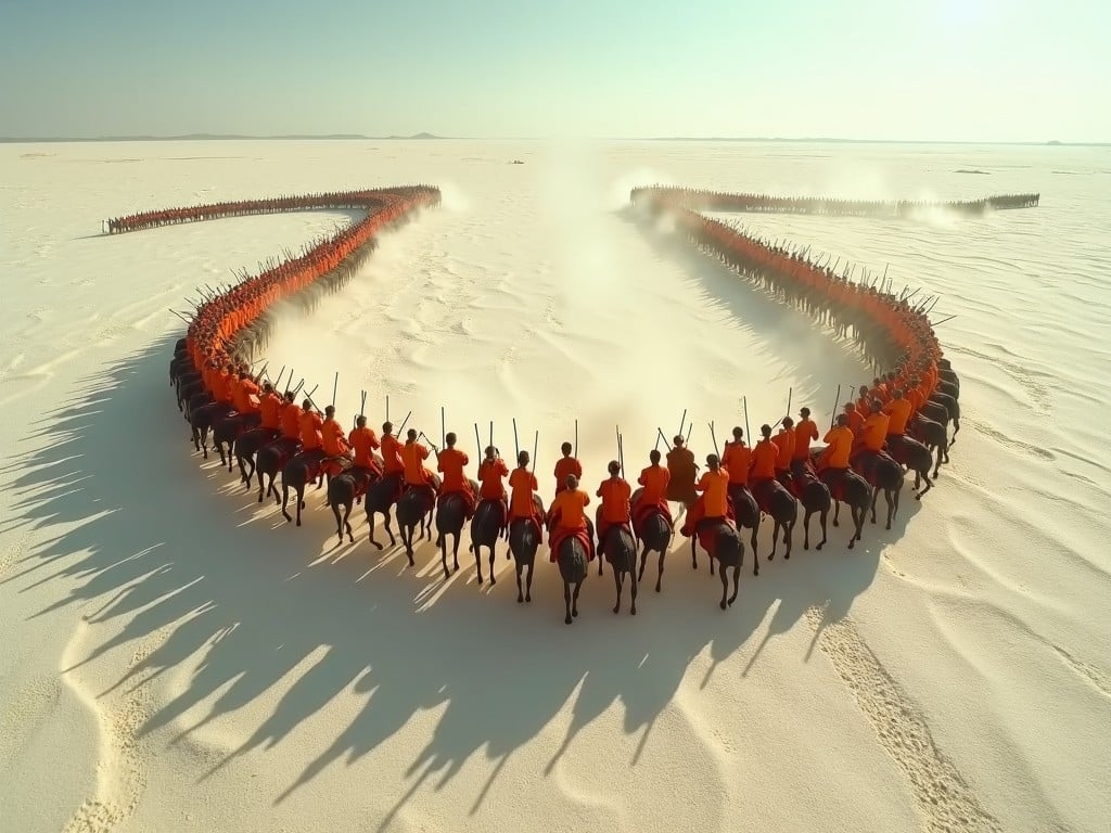 Aerial view of the Maratha army forming a Trishul shape while charging toward the Mughal army in the Rann of Kutch. The scene showcases vibrant orange and brown attire against stark white salt flats. The soldiers ride fiercely on horseback, emphasizing strength and unity. Dust kicks up around them, capturing the intensity of the moment with the Mughal forces in the distance. Clear blue sky highlights the harsh sun, casting dramatic shadows. The whole composition is captured in ultra-high resolution, emphasizing details and grandeur.