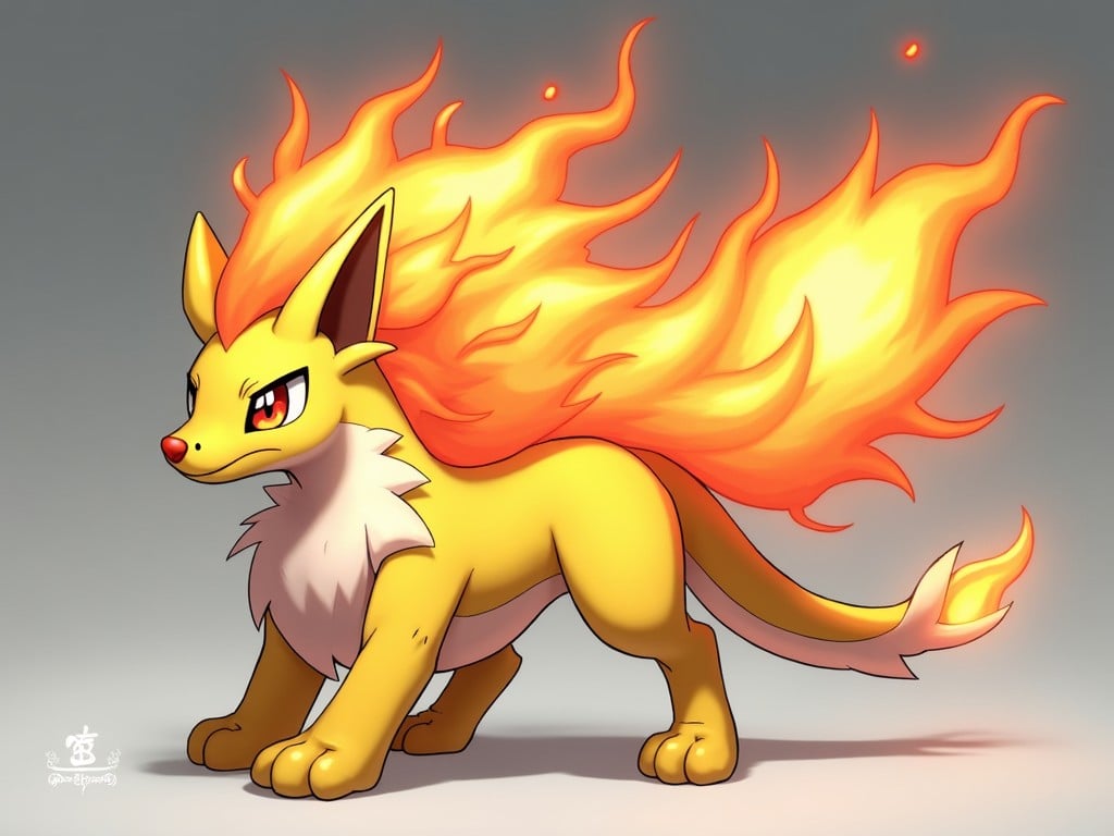 The image features a fantasy creature with bright yellow fur and a long, fiery mane. Its body is well-defined, showcasing strong features and an intense gaze. The flames that cascade from its mane add a sense of movement and energy to the image. The soft gradient background emphasizes the character without drawing attention away from it. This creature combines elements of both canine and mythical designs, appealing to fans of animated fantasy.