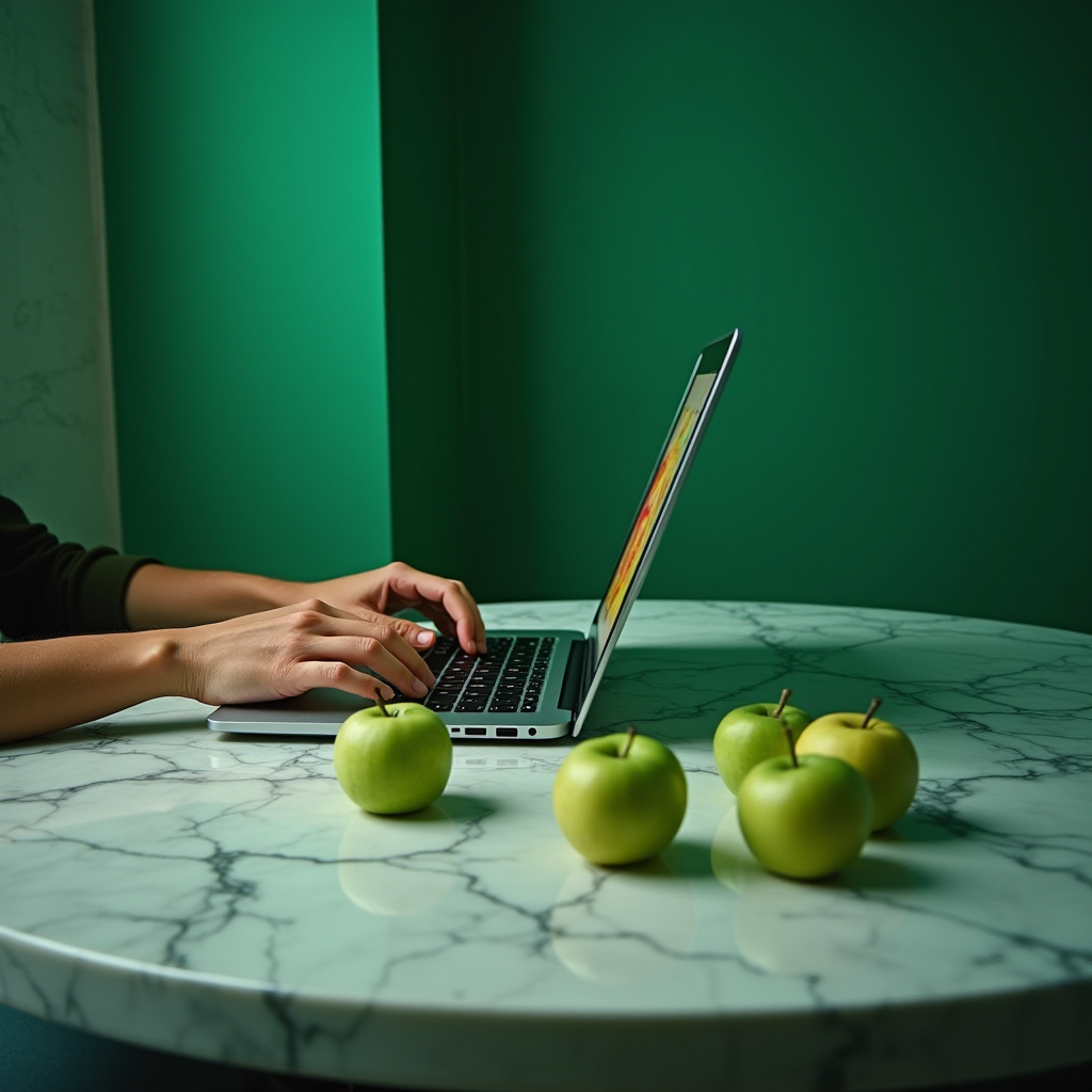 A person works on a laptop at a marble table adorned with green apples.