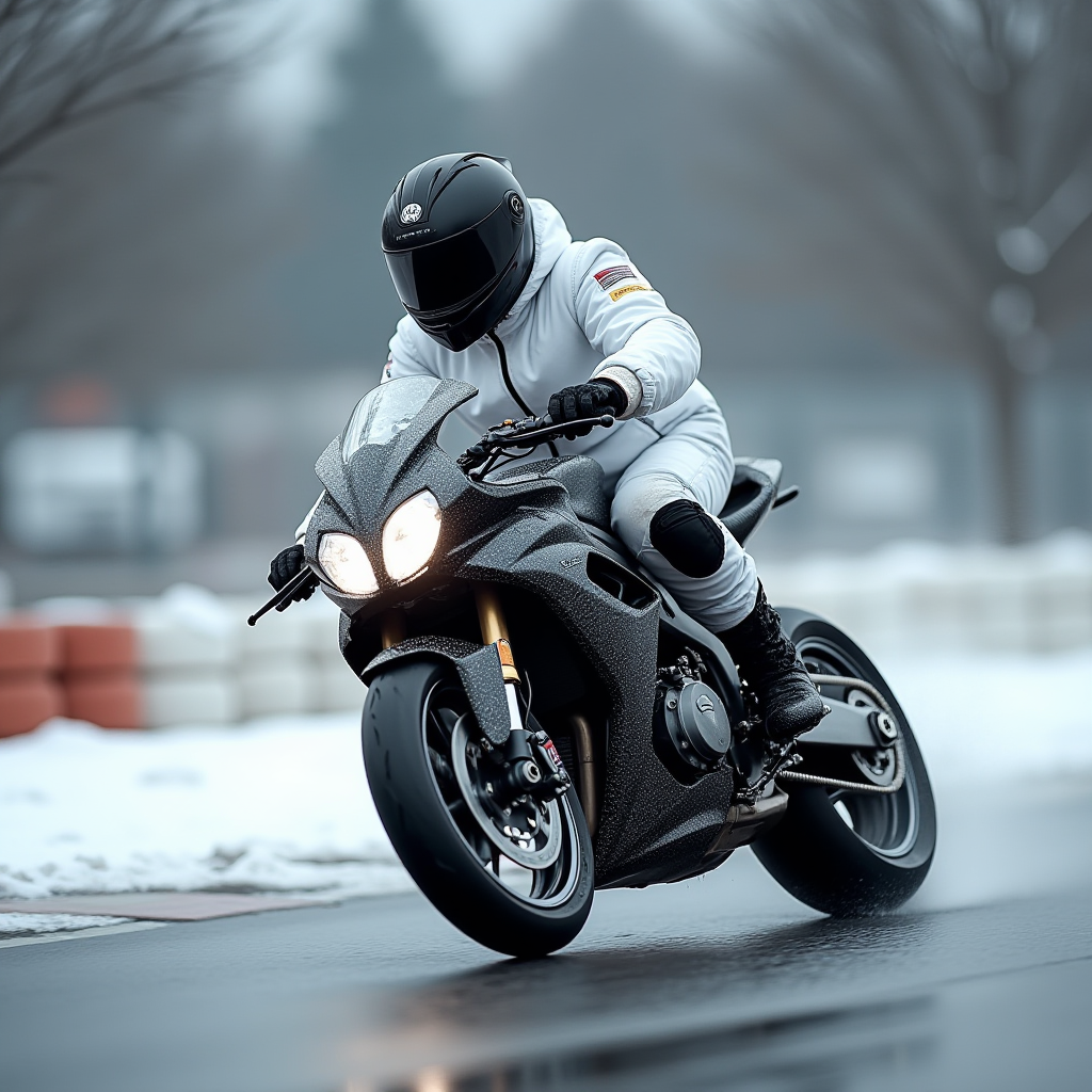 A person in white winter gear rides a motorcycle on a snowy track.