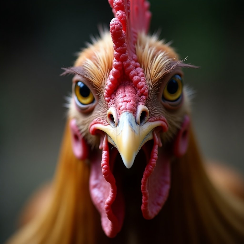 A close-up image of a chicken with a surprised and slightly alarmed expression gazing directly at the camera. The chicken's face exhibits several scratches and smudges, indicating a recent struggle or mishap. The background is blurred, bringing attention to the intense gaze and the marks on its face. This photograph captures the raw emotion and character of the bird. The color palette features rich browns and vibrant reds, enhancing the natural beauty of the chicken.