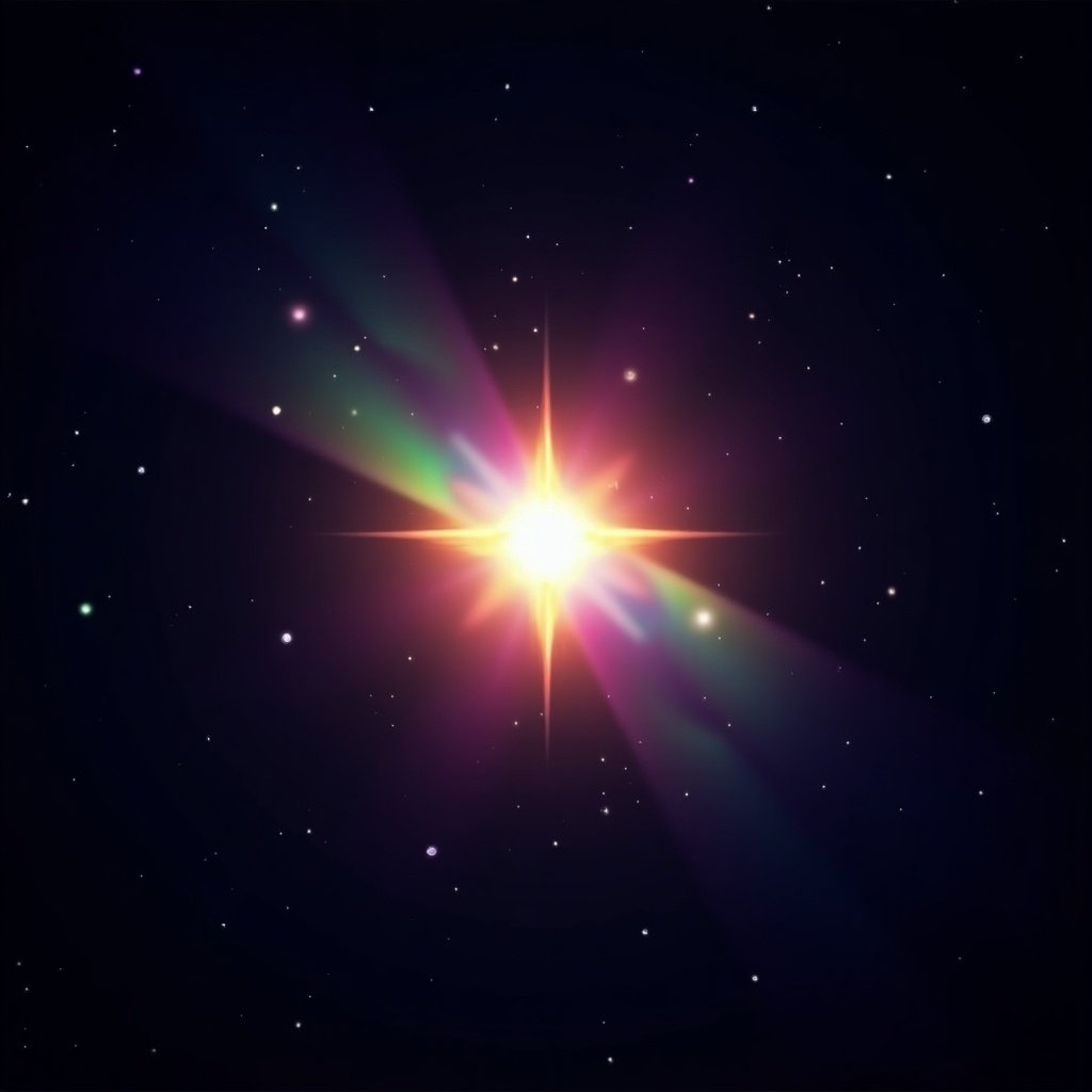 This image showcases a brilliant rainbow star shining brightly in a dark night sky. The star is centered, radiating a warm glow that contrasts beautifully with the surrounding darkness. Tiny twinkling stars scatter across the background, enhancing the cosmic appeal. The colors of the star transition seamlessly through shades of pink, green, and purple. This stunning visual captures the wonder of the universe and the beauty of celestial phenomena.