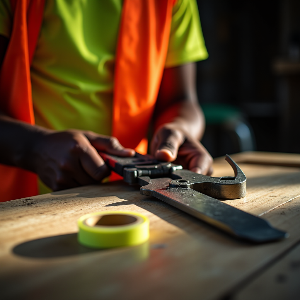 A person assembles metal parts on a wooden table, with a roll of yellow tape nearby.