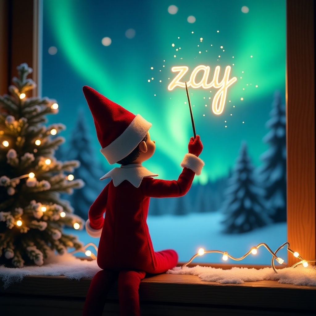 An enchanting Christmas scene featuring an elf on the shelf. The elf, dressed in red and white, is facing the sky with a back view. He wields a magic wand, writing 'zay' in glowing script above him. In the backdrop, vibrant northern lights illuminate the night sky. The scene is adorned with a decorated Christmas tree and warm lights, creating a festive ambiance. This whimsical portrayal encapsulates the joy and magic of the holiday season.