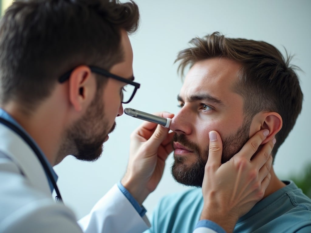 A doctor is carefully examining a man's nostril using a precise medical instrument. The focus is on the thoroughness of the examination, highlighting the doctor's attention to detail. The doctor appears concentrated, ensuring the best care for the patient. The man's expression reflects trust and concern regarding his health. Soft lighting casts a calming ambiance to the clinical setting, enhancing the seriousness of the examination.