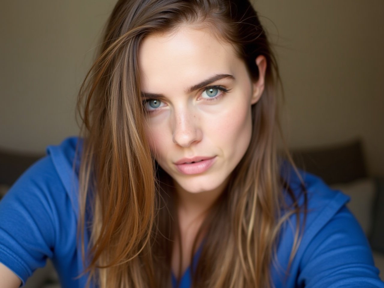 A person with long, flowing hair and striking blue eyes is looking directly into the camera. They are wearing a blue shirt that contrasts nicely with their features. The background appears to be softly blurred, suggesting a cozy indoor environment. The soft lighting highlights the person's serene expression. Their hair is parted slightly to the side, framing their face attractively.