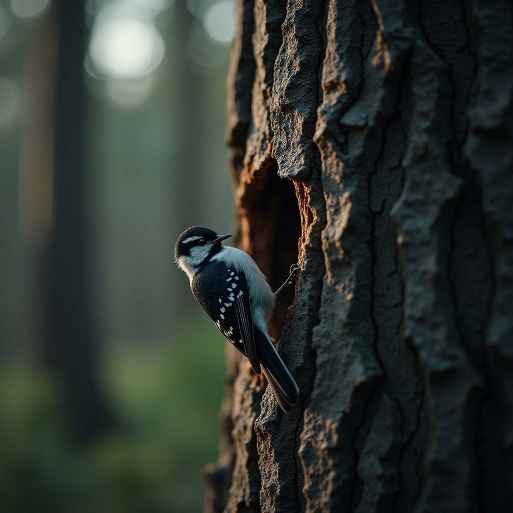 The image showcases a serene forest scene featuring a woodpecker perched on the rough bark of a large tree. The woodpecker is captured in a profile view, with its black and white feathers highlighted by the subdued light filtering through the forest canopy. The tree's bark has a rugged, textured appearance, providing a natural backdrop that emphasizes the bird’s presence. The background is softly blurred, giving a sense of depth and tranquility to the scene while focusing attention on the bird and the tree trunk. The image conveys a sense of peaceful coexistence within a natural habitat.