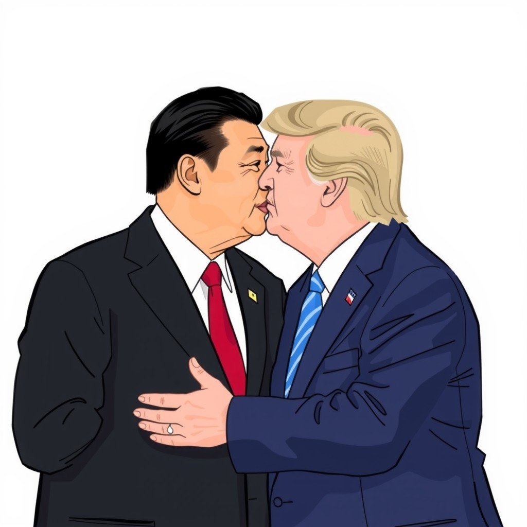 A satirical illustration portraying two world leaders in a comically intimate pose.