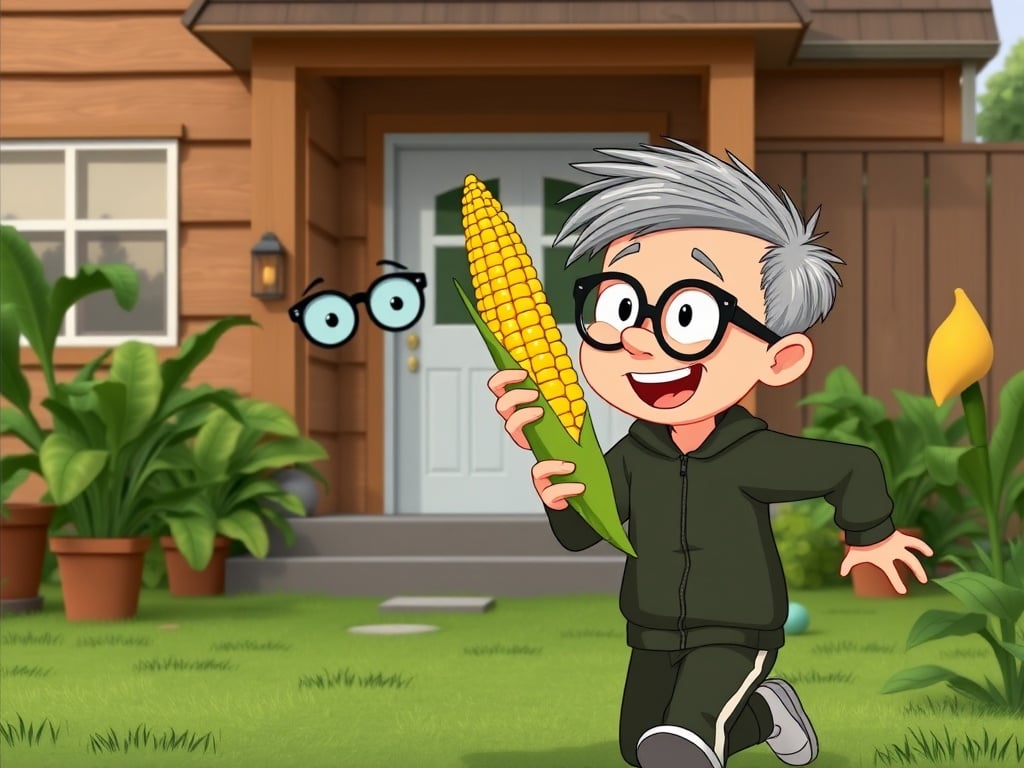 A joyful cartoon character with gray hair and glasses holds a large ear of corn while running in front of a house. The background features a well-maintained garden with potted plants and greenery, giving a lively and inviting atmosphere. The character's expression is one of excitement and happiness, emphasized by the oversized corn and animated movement.