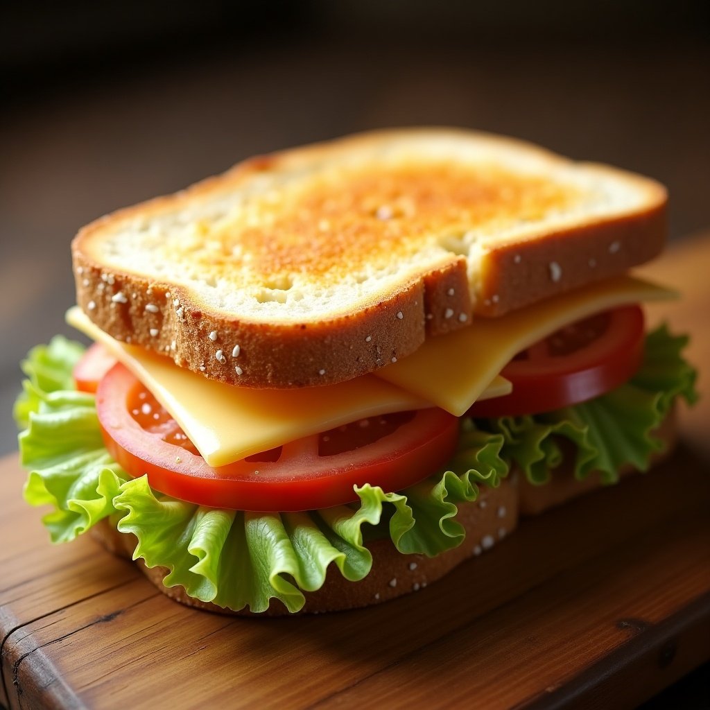 The image showcases a delicious ham and cheese toast sandwich featuring crisp iceberg lettuce and fresh tomatoes. It is beautifully layered between two slices of perfectly toasted bread. The colors are vibrant, with the contrasting textures of the ingredients making it visually appealing. This sandwich is set on a wooden plate, enhancing its rustic charm. The natural lighting accentuates the fresh quality of the ingredients, inviting viewers to enjoy a tasty meal.