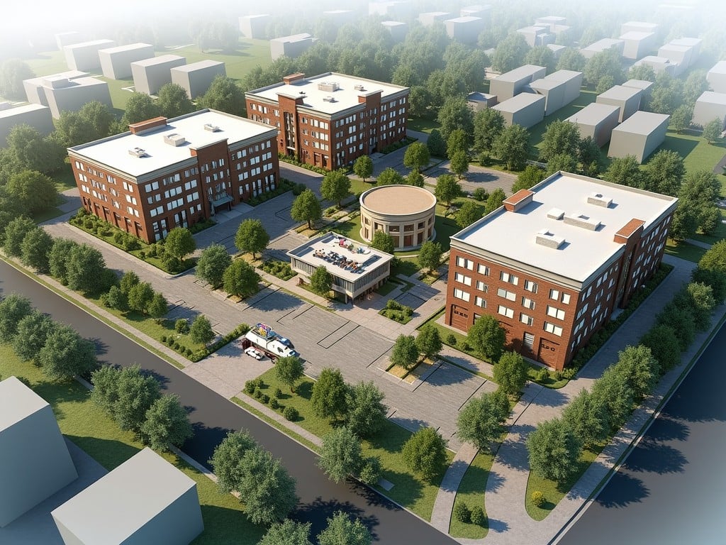 This image provides a bird's-eye view of a proposed city block development, showcasing a welcoming community environment. The layout features two commercial buildings along with a city hall, positioned centrally. Surrounding this are multi-family residence buildings, enhancing the residential scope of the area. A dedicated parking structure is visible, conveniently linked to a landscaped amenity area. The design emphasizes community interaction through open spaces, complemented by options for retail and dining. Abundant greenery and interconnected walkways improve the overall appeal and functionality of the development.