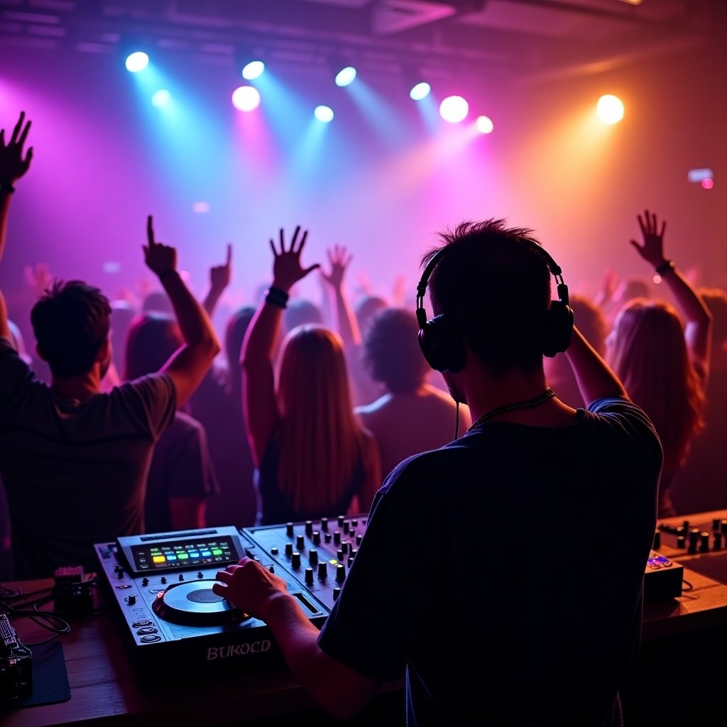 The image captures a vibrant nightlife scene with a DJ at the forefront, blending electronic music for an excited crowd. The DJ, wearing headphones, is focused on the mixing console, adjusting the controls in sync with the music. Behind him, attendees are energetically dancing, some raising their hands in the air, creating an atmosphere of unrestrained joy. Bright lights in shades of purple, blue, and orange illuminate the venue, enhancing the festive mood. This setting reflects the exhilarating world of club life and live music events.