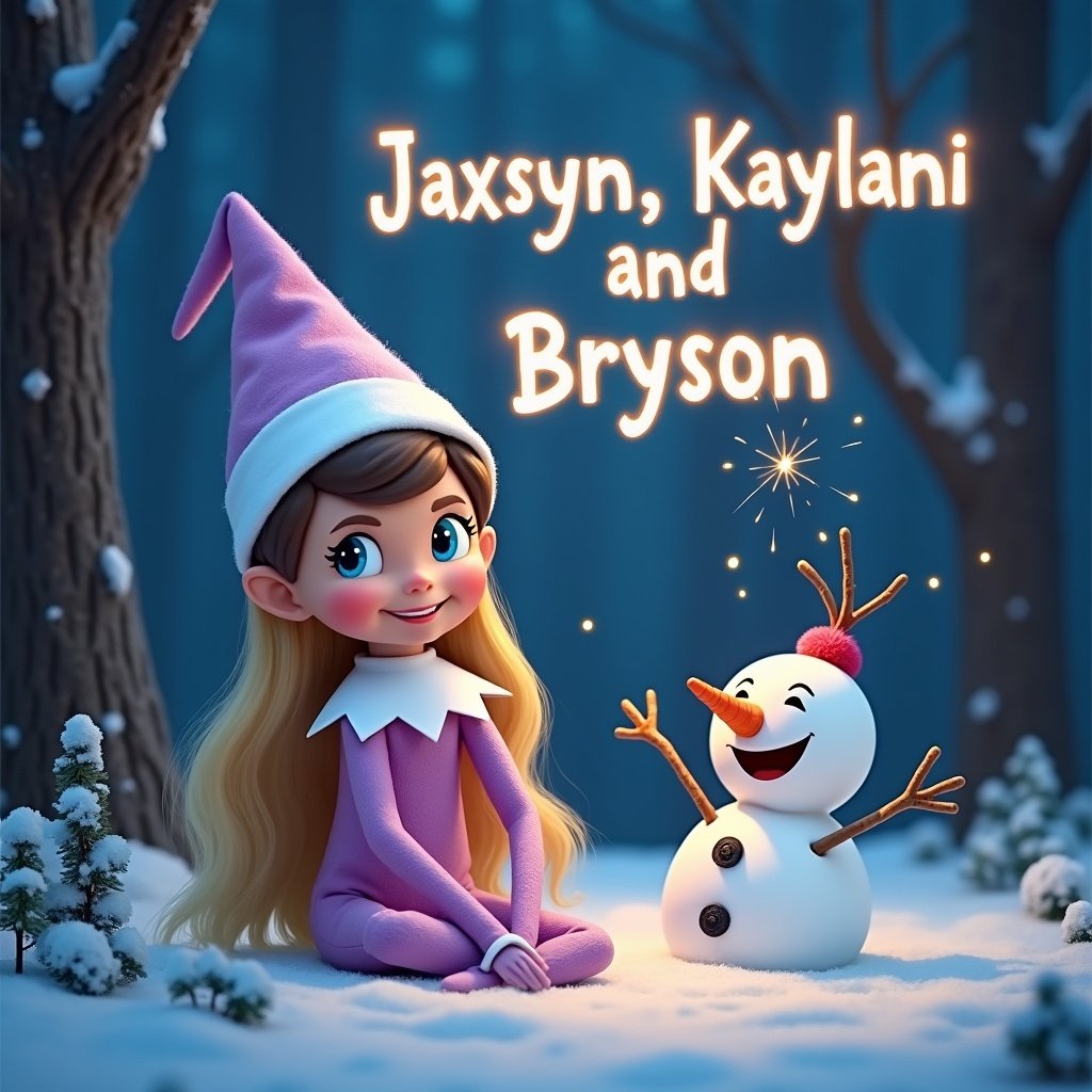 The image features a whimsical scene with a lilac-skinned girl Elf on the Shelf named Holly. She is sitting in a peaceful woodland, showcasing her long blonde hair and blue eyes. Next to her, there's a cheerful snowman with a carrot nose, enhancing the festive atmosphere. The night sky is alive with sparkling snowflakes, and the names ‘Jaxsyn, Kaylani and Bryson’ twinkle above, created by a sparkler. The overall mood exudes joy and captures the spirit of the holiday season.