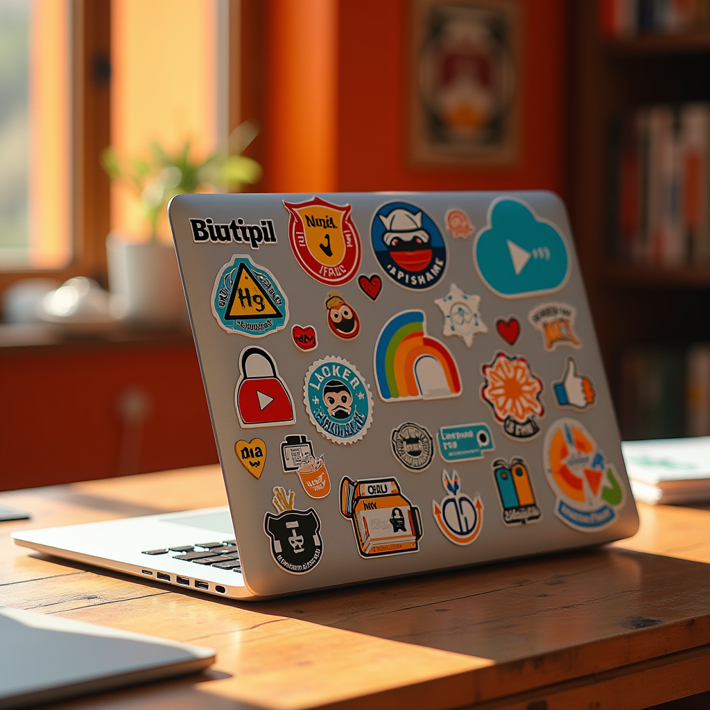 A laptop is covered with various colorful stickers, sitting on a wooden table in a sunlit room.