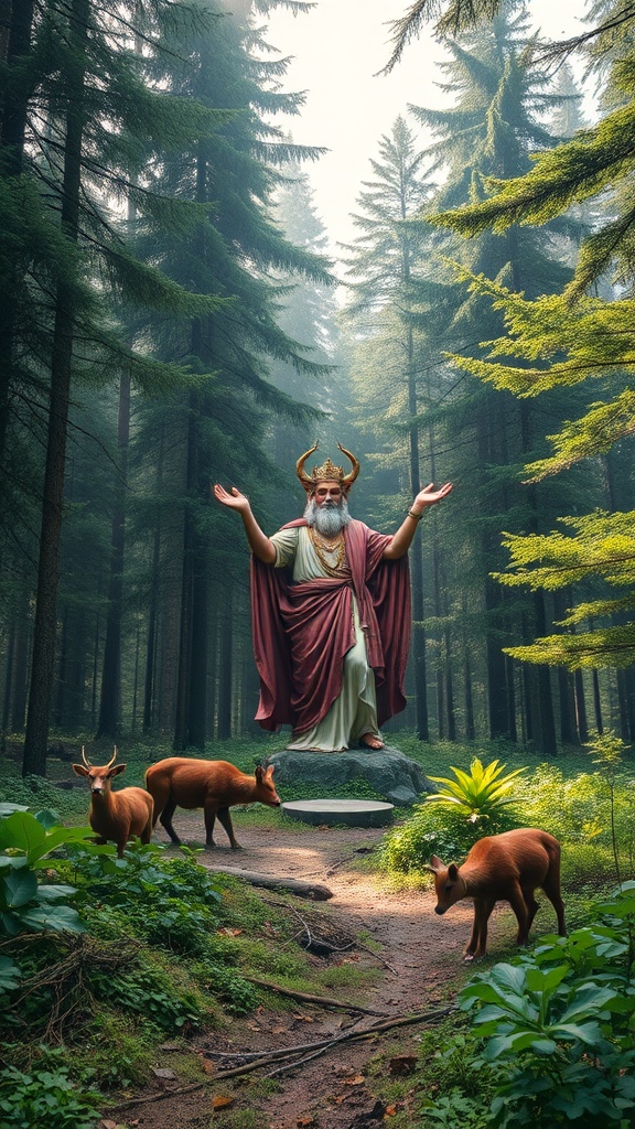 In the heart of a dense, tranquil forest, a grand statue of an ancient deity stands, exuding an aura of serenity and protection. The figure, adorned with a horned crown and flowing robes, gestures welcomingly with outstretched arms. Around the statue, a small group of deer grazes peacefully, amplifying the harmonious connection between nature and mythology.