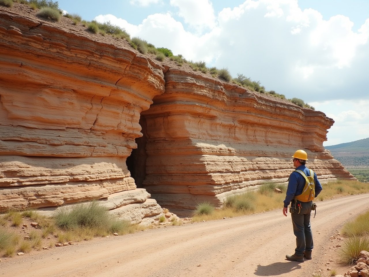 The image depicts a large geological outcrop characterized by intricately folded stratigraphy. A visible geological thrust fault is evident in the exposed rock layers. A geologist, equipped with safety gear, stands attentively observing the formation. The scene is bathed in natural daylight, with some clouds in the sky. The surrounding landscape features sparse vegetation and a dirt road leading into the area. This image captures the blend of natural beauty and geological interest.