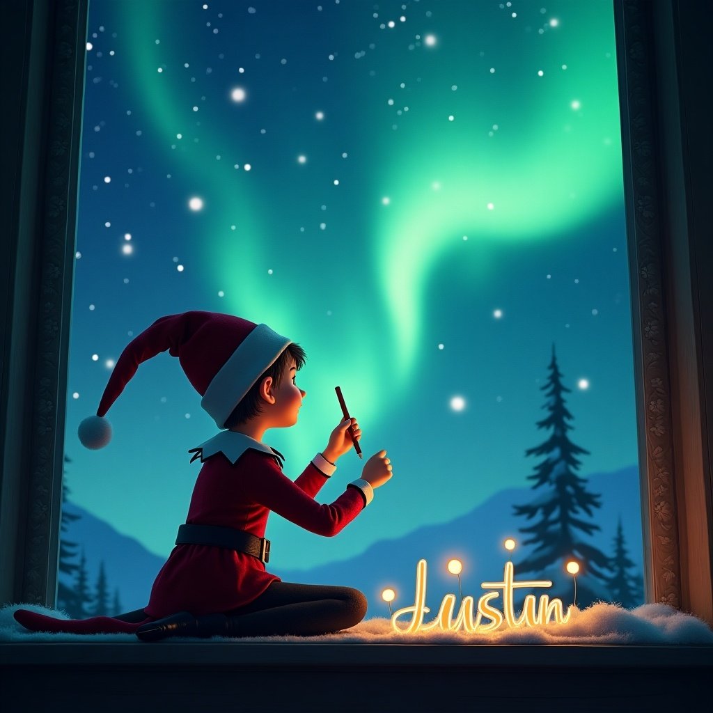 The image portrays an enchanting scene with a young elf sitting by a window. The elf is dressed in a classic red outfit with a pointy hat. Outside, the night sky is illuminated by the mesmerizing northern lights. The elf is using a stick to write the name 'Justin' in the sky, adding a personal touch to the festive atmosphere. Snow covers the window ledge, enhancing the cozy feel of the scene. The colors are vibrant and magical, inviting viewers to experience the wonder of the holiday season.