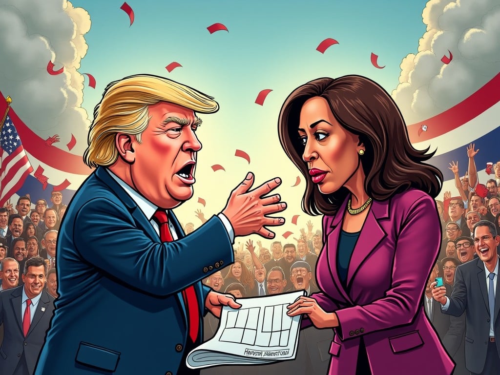 This political cartoon depicts a striking confrontation between Donald Trump and Kamala Harris, highlighting their contrasting approaches to the 2024 campaign. Trump is animated and gesturing wildly, which exemplifies his loose-cannon rally style. In contrast, Harris appears composed but firm, representing a more cautious and strategic endgame. The background is filled with supporters and flags, setting a vibrant political atmosphere. The overall tone captures the tension and dynamics of contemporary American politics, emphasizing the differences between their campaigning styles.