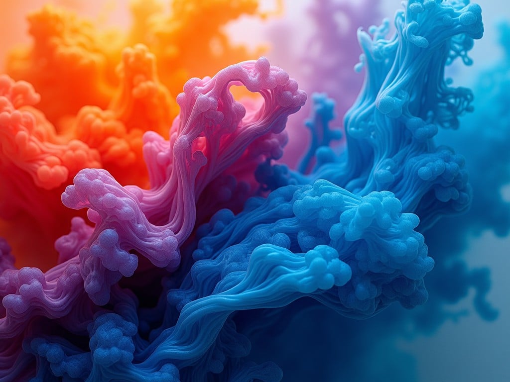 This is a vibrant and abstract image featuring a swirling mix of colors, primarily dominated by blue, orange, and purple. The forms within the image appear fluid and organic, as if different paints were poured and allowed to mingle. The colors blend and contrast with each other, creating a lively and dynamic sense of movement. Highlights and shadows are used to give the swirls a three-dimensional appearance, making it feel almost like a combination of liquid and smoke. The overall composition evokes a sense of energy and creativity, drawing the viewer's eye to different focal points.