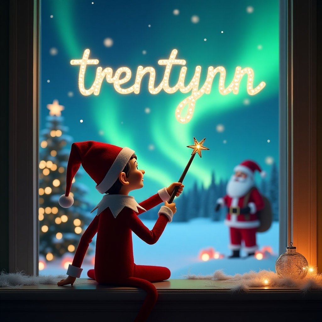 An enchanting Christmas scene featuring an elf on the shelf sitting with his back turned to the viewer. The elf is using a magical wand to write 'trentynn' in the night sky illuminated by the northern lights. In the background, we see Santa Claus among a winter wonderland with a decorated Christmas tree. The atmosphere is festive and magical, capturing the essence of the holiday spirit. Soft lighting enhances the whimsical feel of the scene.