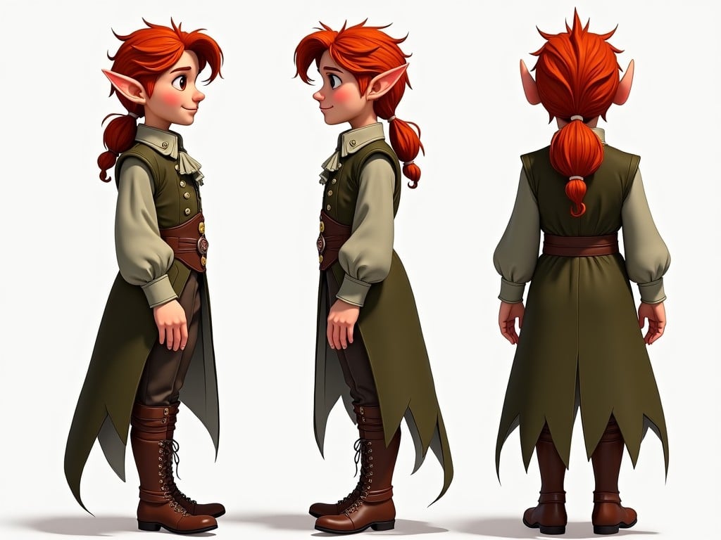 This image showcases a hyper-realistic illustrated character portrait design of an adult red-haired male elf dressed in Victorian style clothing. He is portrayed from three different angles – side, front, and three-quarter views. The character has a distinct pointed ear and a playful expression. His clothing features intricate details typical of Victorian fashion, with a color palette dominated by greens and browns. The elf's vibrant red hair is styled in a playful manner, enhancing his whimsical appearance.