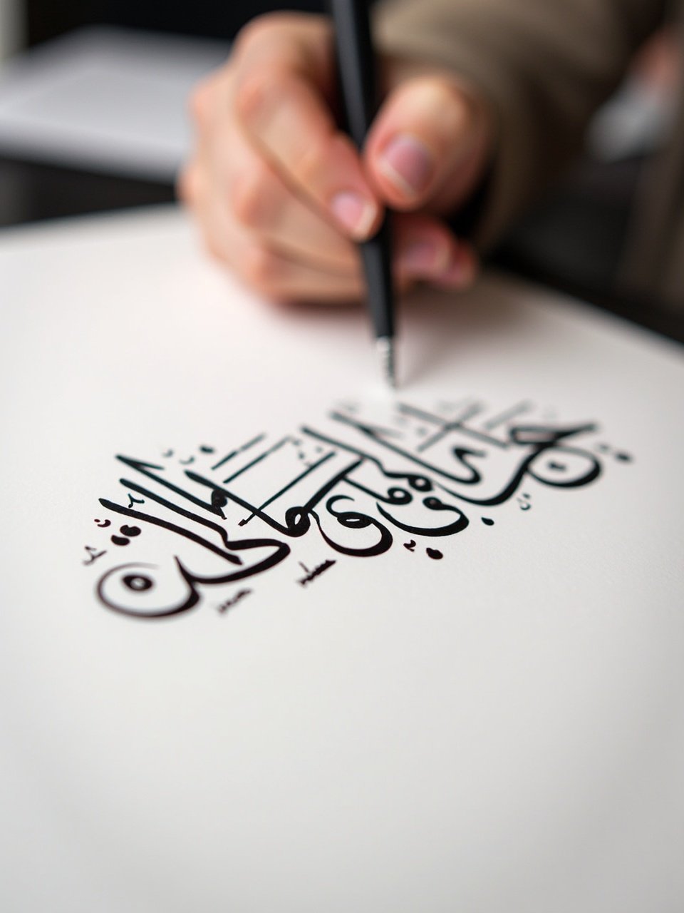 A close-up image of a person's hand writing Arabic calligraphy on paper, displaying intricate black text with artistic curves, focusing on the pen and delicate strokes, creating a sense of traditional art and cultural heritage.