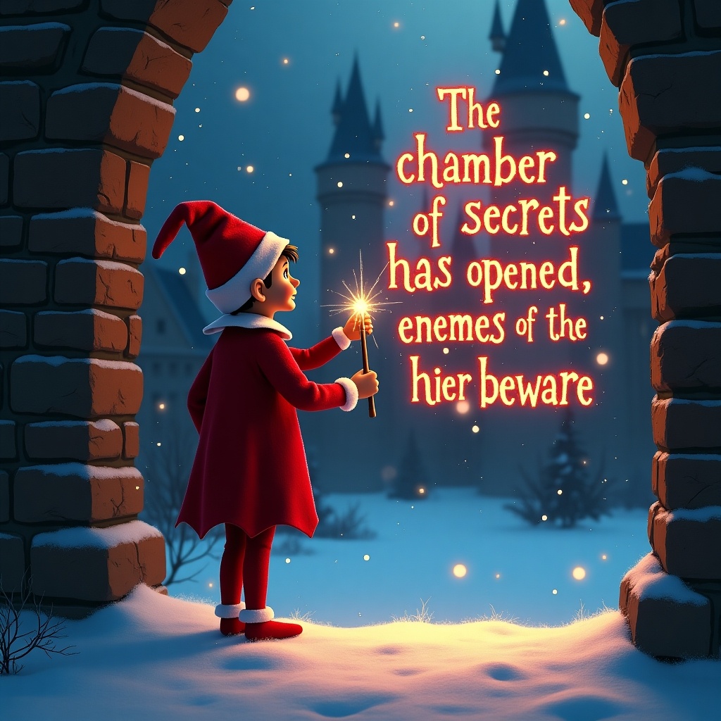 This image captures a magical scene featuring an elf on the shelf with its back towards the viewer. The elf wears a traditional red costume and gazes up at the Hogwarts school walls. In one hand, it holds a magic wand, inscribing the words 'The chamber of secrets has been opened, enemies of the heir beware' in sparkling red letters. The serene snowy ground enhances the enchanting atmosphere of the moment. Overall, this illustration embodies the spirit of Christmas and wonder, creating a delightful sense of holiday joy.