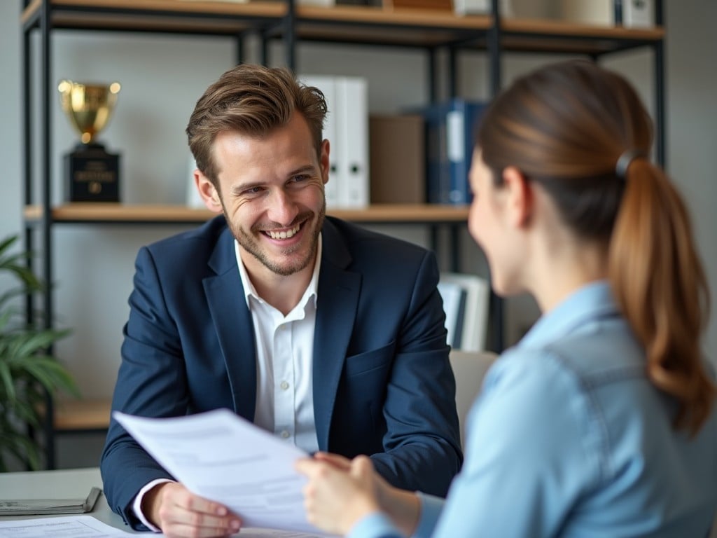 A professional setting with two individuals having a friendly business discussion, both smiling. The man in a suit seems engaged in conversation with a woman holding papers in a well-lit office environment, with a trophy in the background indicating success or achievement.