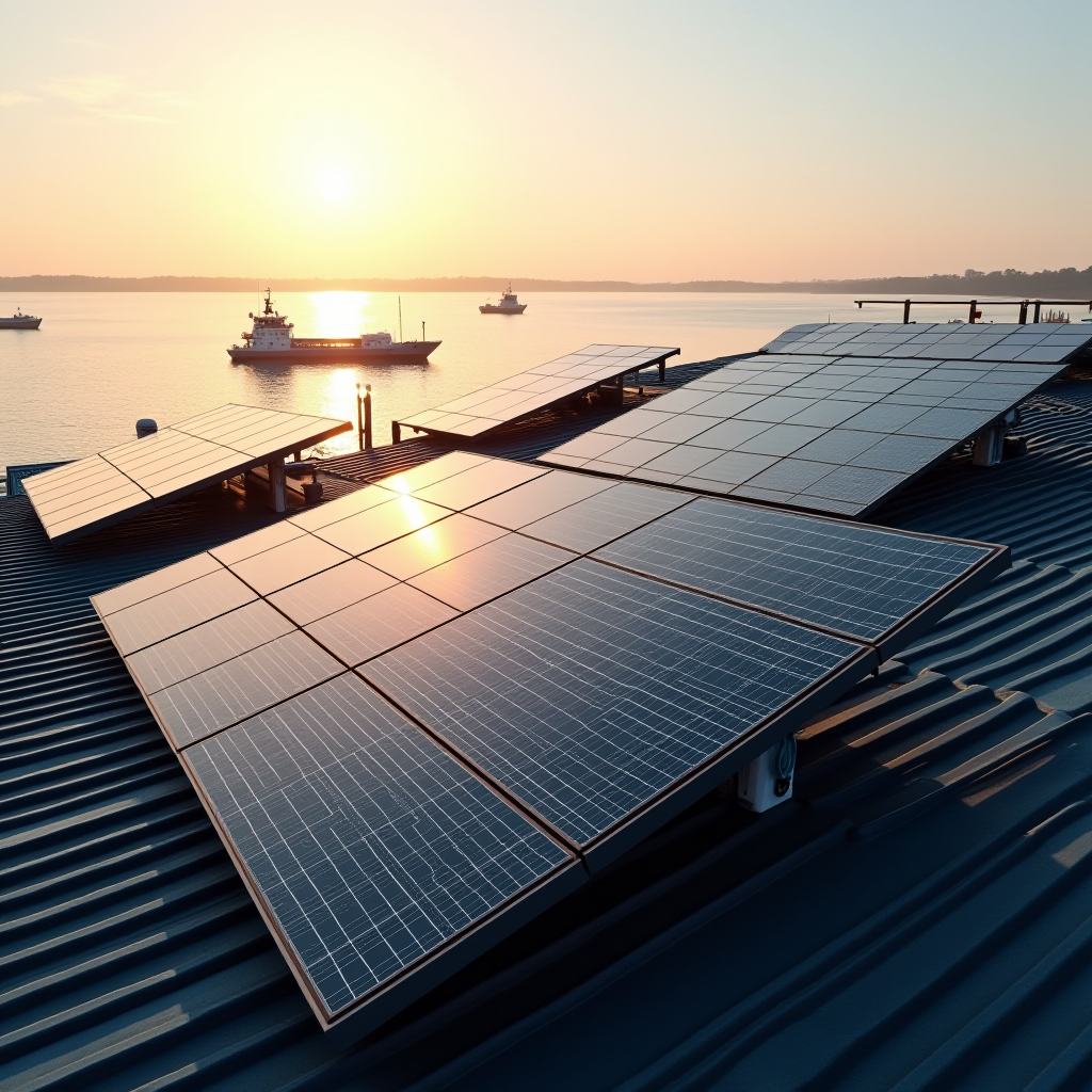 Solar panels on a rooftop reflecting the sunrise over a calm seaside backdrop.