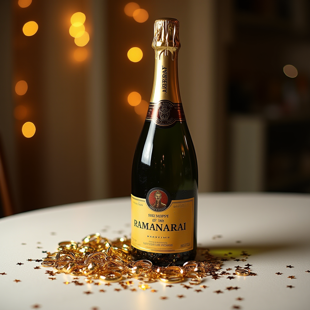 The image showcases a bottle of champagne named 'RAMANARAI' standing elegantly on a white table. The bottle has a luxurious appearance with a gold foil wrapping the neck and a label featuring decorative elements. Surrounding the bottle are scattered gold coins and star-shaped confetti, adding to the celebratory theme. The background is beautifully blurred, adorned with warm orange bokeh lights, creating a festive and cozy ambiance.