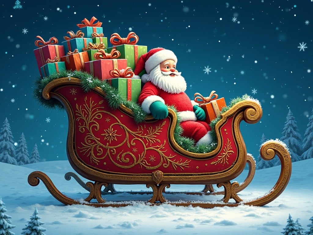 The image depicts Santa Claus seated in an elaborately decorated sleigh filled with colorful presents. He appears joyful, with a cheerful expression, surrounded by a snowy landscape under a star-filled night sky. The sleigh is adorned with green foliage and intricate golden designs, emphasizing the festive spirit of Christmas. The scene evokes feelings of joy, warmth, and excitement associated with the holiday season. This enchanting image brings to life the magic of Christmas, making it perfect for holiday-themed promotions and decorations.