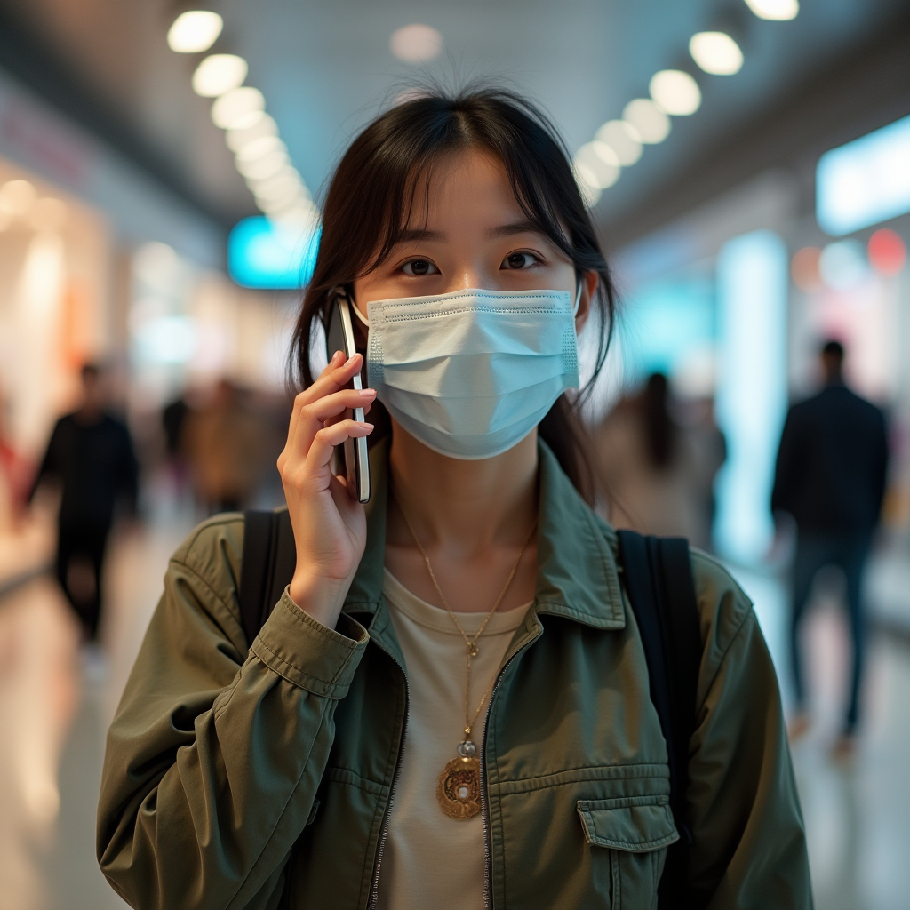 A person wearing a surgical mask talks on the phone in a bustling indoor setting.