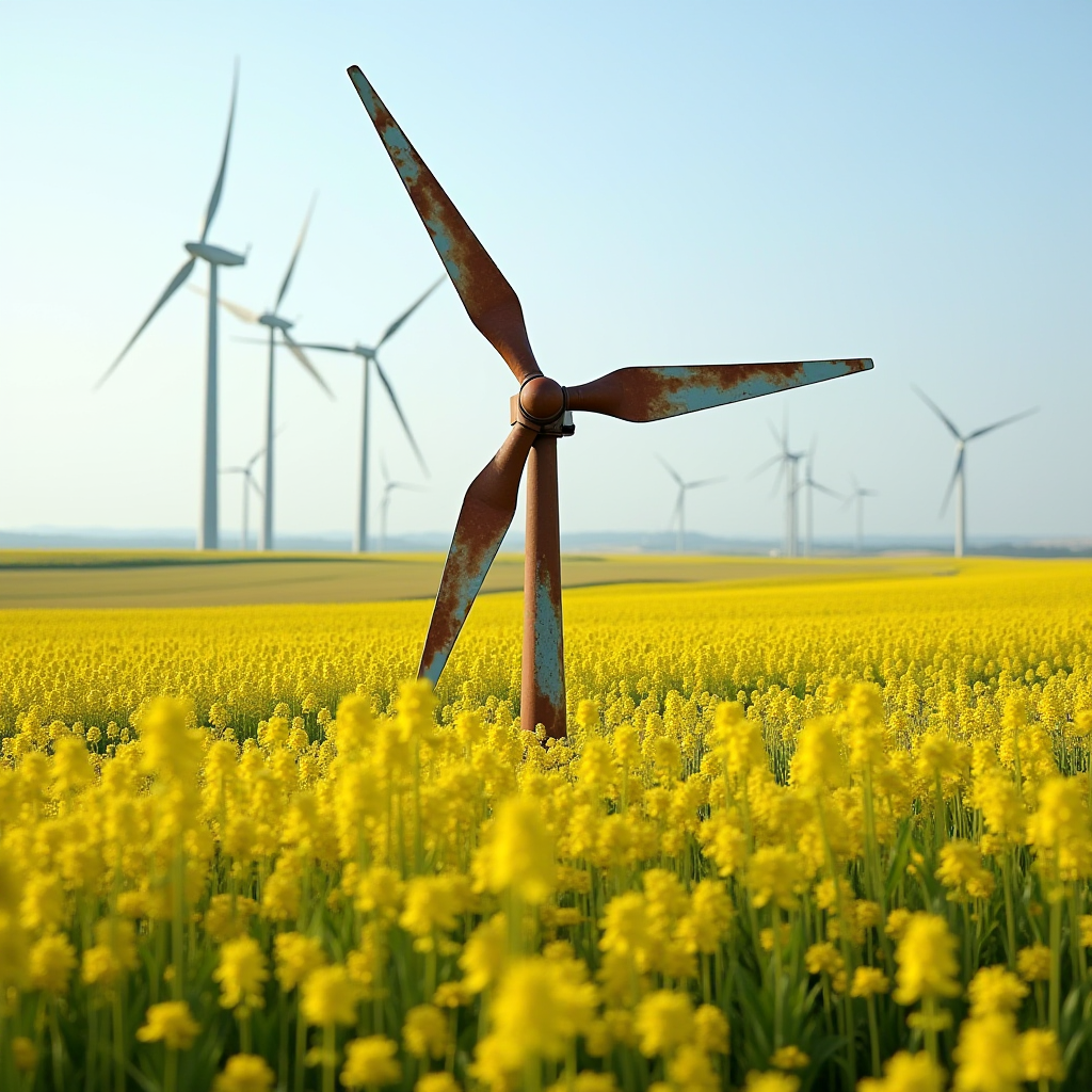 A field of vibrant yellow flowers is contrasted with rusty and modern wind turbines.